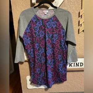 Lularoe Randy Raglan Tee Purple Floral with Gray Sleeves Women’s Size Medium T1